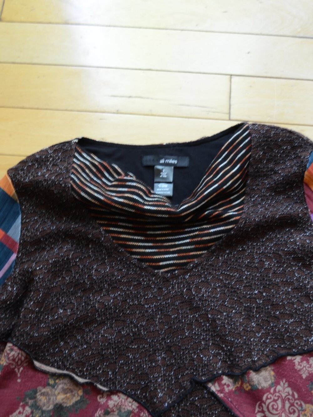Ali Miles Brown Mixed Media Patchwork Cowl Neck Tunic Shirt Boho Artsy Size L - Picture 2 of 10